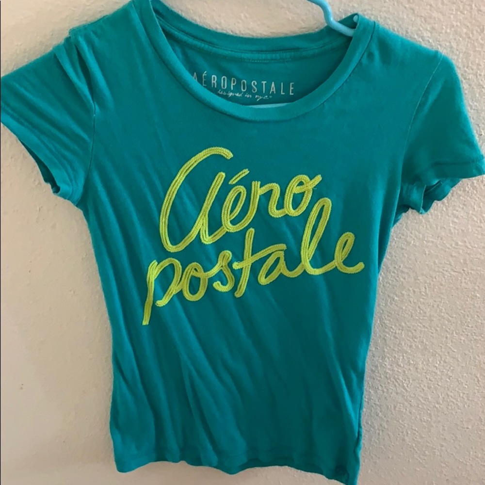 Teal Aeropostale graphic tee with green sequins